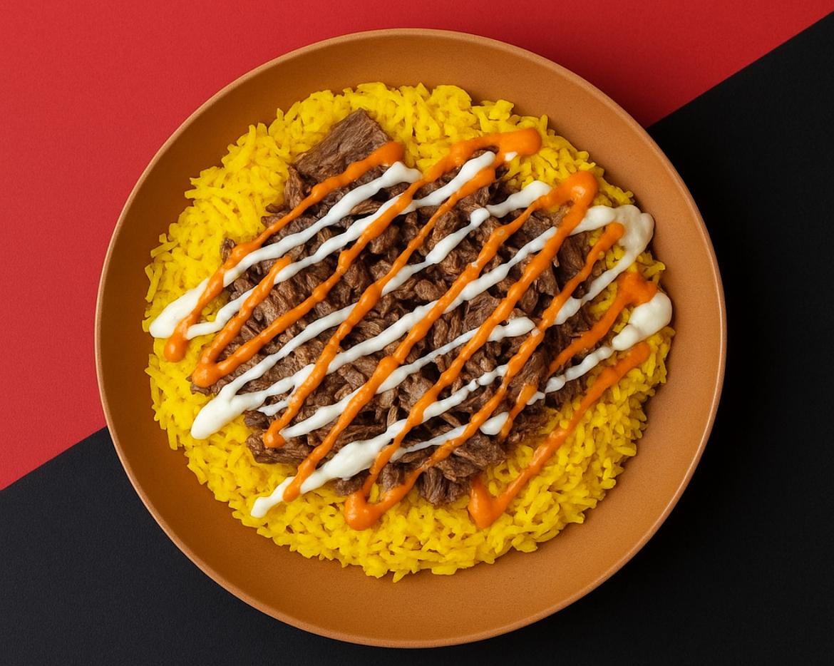Beef shawarma over yellow rice
