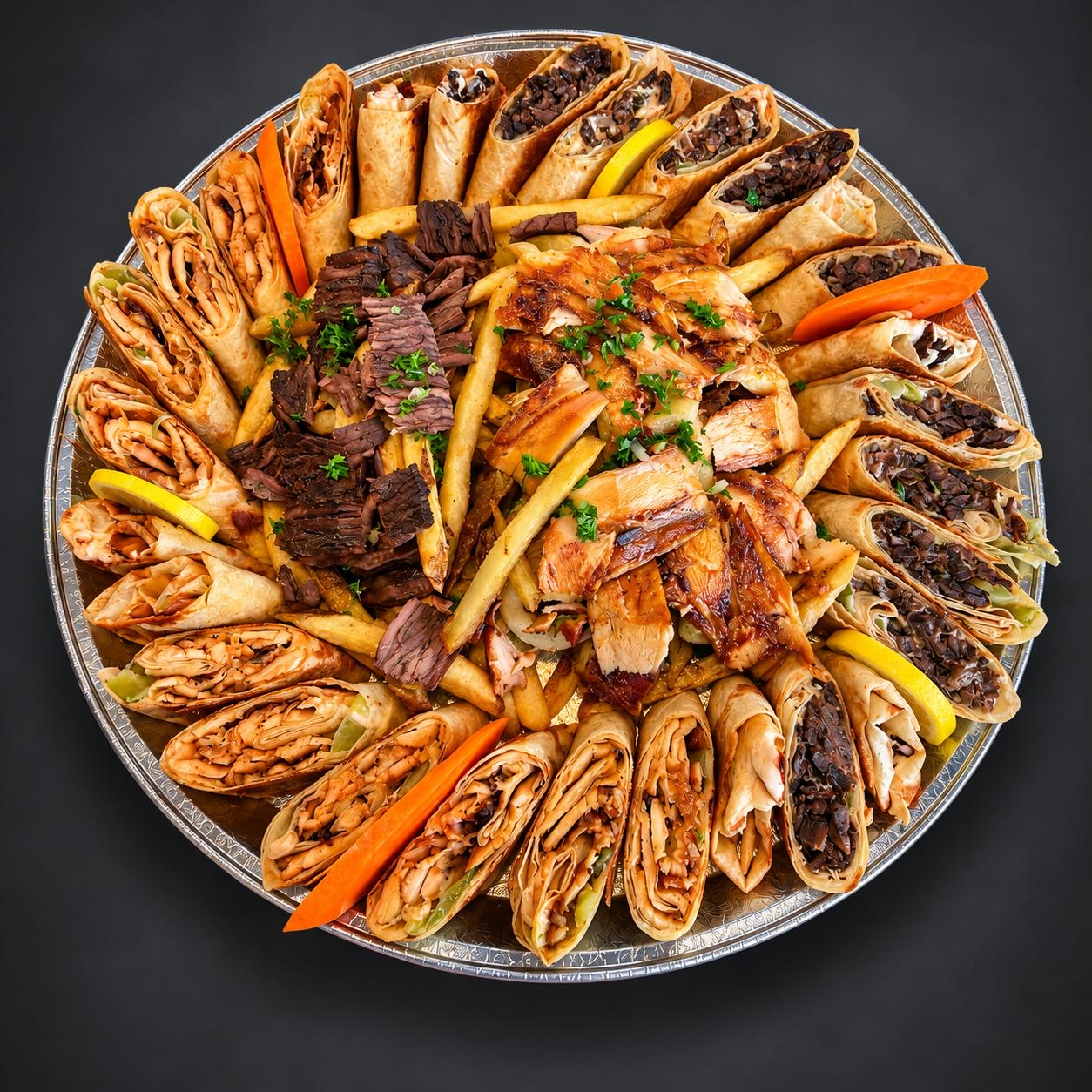 Family SAJ platter with chicken and beef wraps