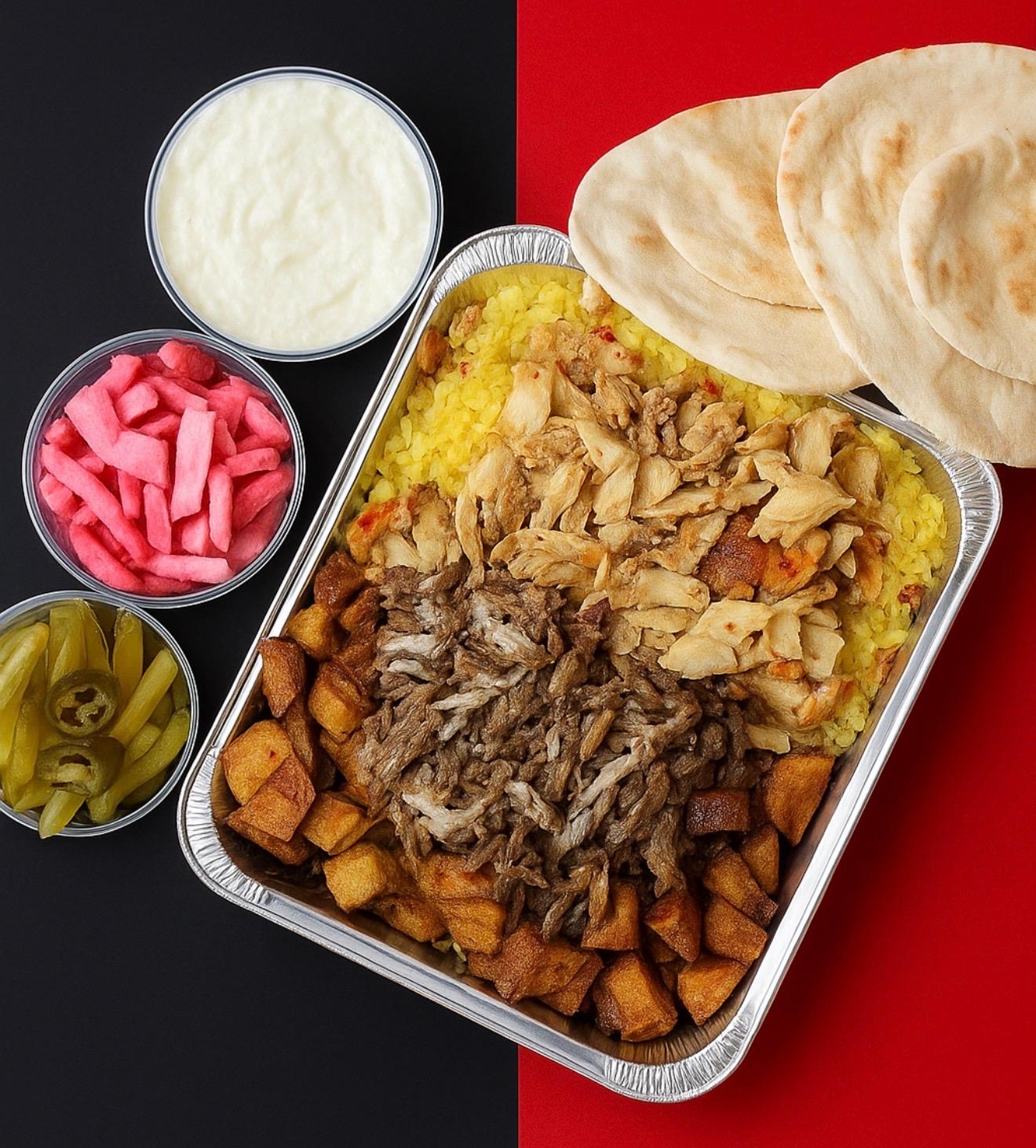 Jumbo shawarma tray with chicken, beef, rice and potatoes