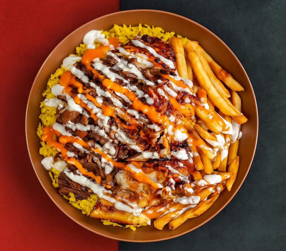 Mixed shawarma bowl with fries and rice